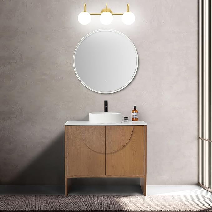 Gold Light Fixtures, 3-Light Over Mirror, Mid Century Modern Bathroom Vanity Lights Wall Sconces With Globe Frosted Milk Glass