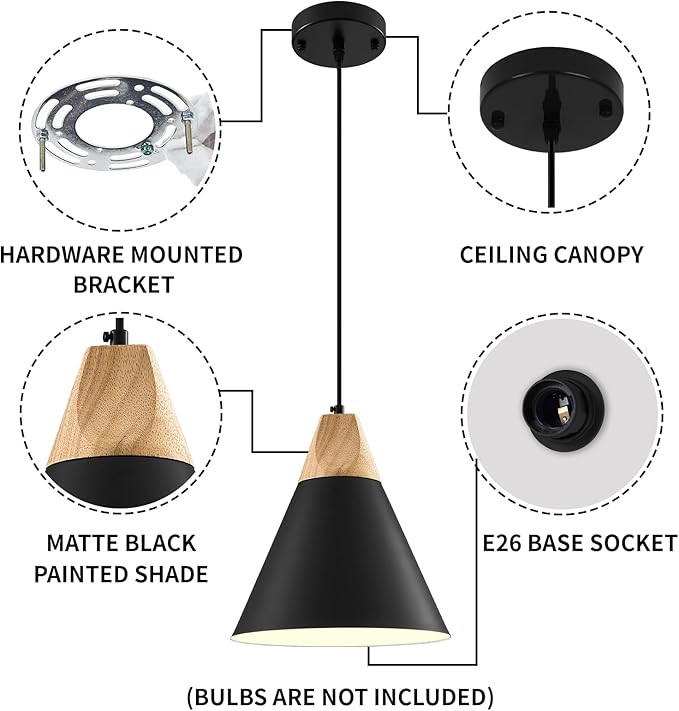 Black Pendant Light 2 Packs,9.4inches- Farmhouse Pendant Light, Modern Pendant Lights, Kitchen Pendant Lights for Office, Bedroom, Living Room, Kitchen Island