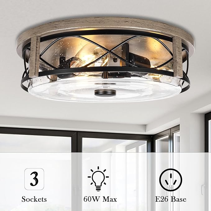 16 Inch Farmhouse Flush Mount Ceiling Light With Seeded Glass, 3-Light Wood Grain Round Lamp, Modern Large Indoor Outdoor Lighting for Kitchen Bedroom Living Dining Room