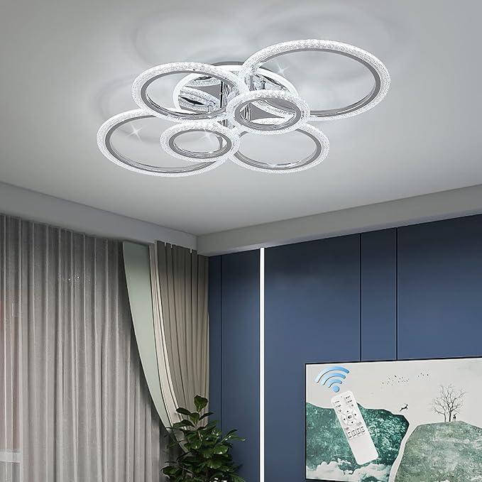 Garwarm Modern LED Ceiling Light Fixture,76W Dimmable LED Chandelier Flush Mount Ceiling Lights Remote Control,6 Ring Ceiling Lamp Fixture for Living Room Dining Room Bedroom(Chrome)