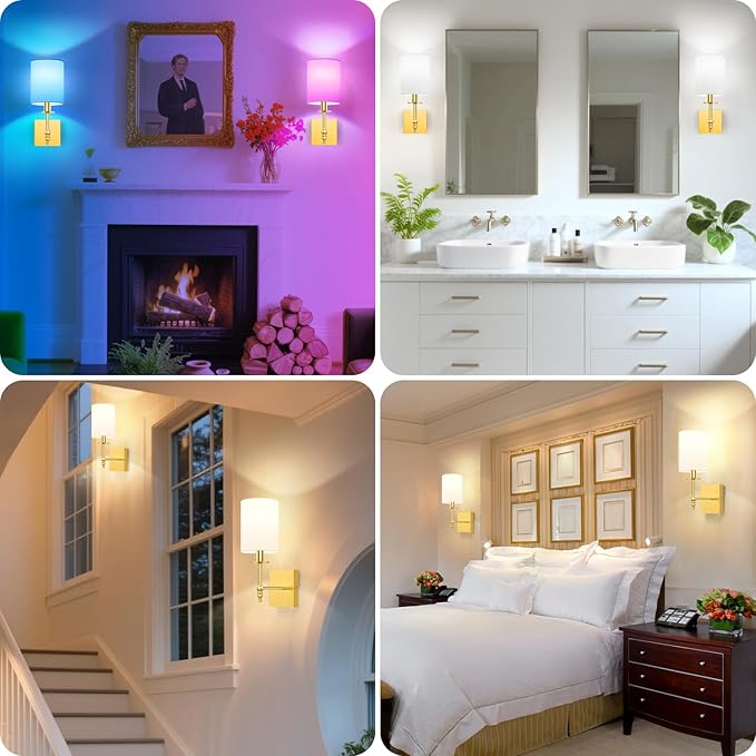 Bosceos 14.5 Inch Battery Operated Wall Sconces Set of 2, Gold Rechargeable Wall Lights with Remote, Wireless Wall Lamps with 15 Color Dimmable Bulbs for Bedroom Living Room Hallway Decor