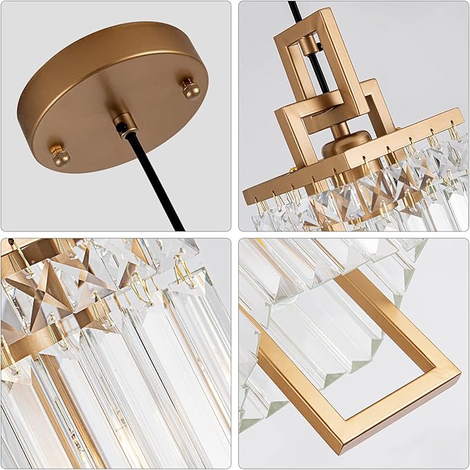 Modern Gold Pendant Light Fixtures for Kitchen Island and Dining Room, Industrial Small Hanging Crystal Chandelier Light Fixture for Bedroom Entryway Living Room Foyer Hallway 1-Pack