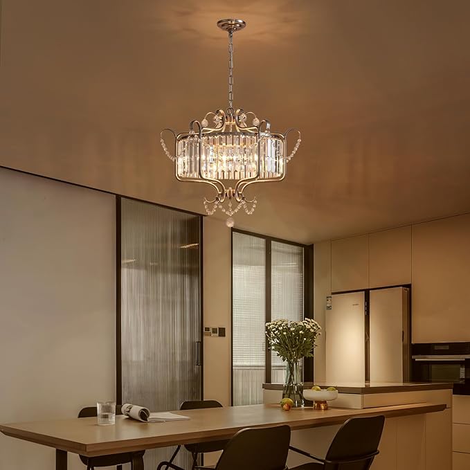 Crystal Modern Chandelier 6-Light, 24" Brushed Nickel Dining Room Light Fixture Over Table Hallway Kitchen Bedroom Foyer Adjustable Height Hanging Ceiling Chandelier, Round