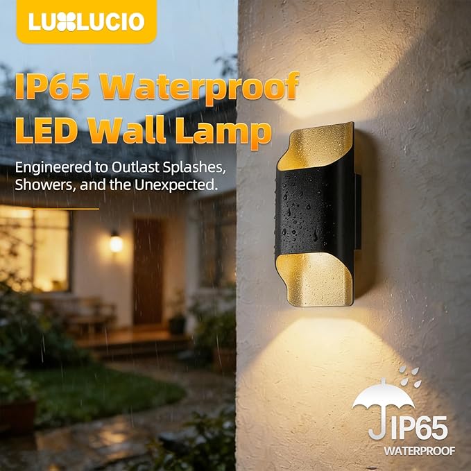 Balck Gold Wall Lights for Up and Wall Light, 5%-100% Dimmable, Modern Porch Light, IP65 Waterproof, 120V, 12W, 2700K-5000K 5Color Selectable CRI90+, ETL FCC