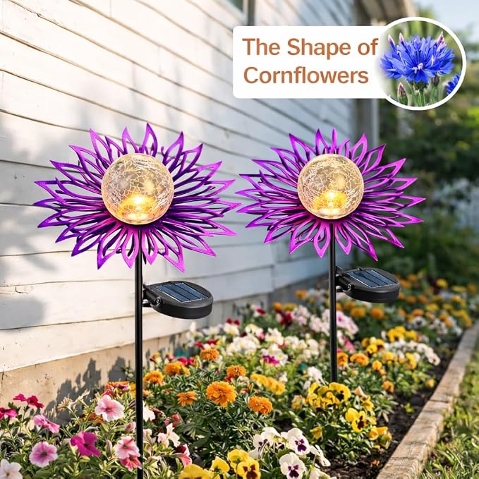 Solar Garden Lights Outdoor Decor, Metal Flower Solar Stake Light with Warm White Crackle Glass, Waterproof Yard Art Ornament for Patio Lawn Backyard, Unique Gardening Gifts for Women (Purple)