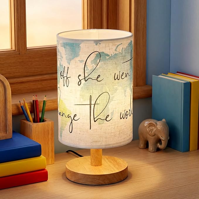 Glooglitter Maps Table Lamps Bedroom Lamps Gifts and Off She Went to Change The World 3 Colors Dimmable Lights 9.72 Inch Blue Watercolor Map Graduation Nightlight for Desk Room Decor