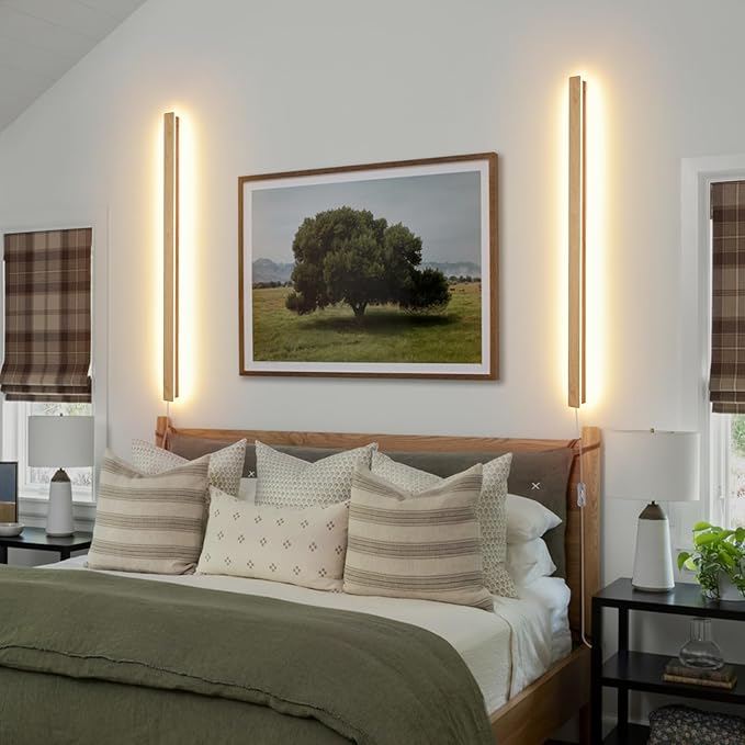 Modern Plug in Long Wall Sconce, 39.3" Faux Wood Texture Finish LED Wall Lights, 20W Warm White 3000K Acrylic Indoor Wall lamp, with 59" Plug Cable for Bedroom, Living Room, Hallway