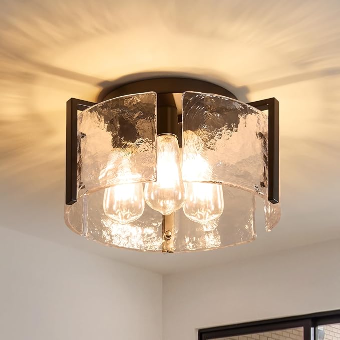 Black Semi Flush Mount Ceiling Light,3 Bulb Drum Glass Ceiling Light Fixture Mid Century Modern Bedroom Lighting Vintage Lighting for Kitchen Living,Dining Room Hallway Foyer Entryway Bathroom Laundry