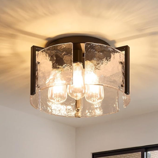 Black Semi Flush Mount Ceiling Light,3 Bulb Drum Glass Ceiling Light Fixture Mid Century Modern Bedroom Lighting Vintage Lighting for Kitchen Living,Dining Room Hallway Foyer Entryway Bathroom Laundry