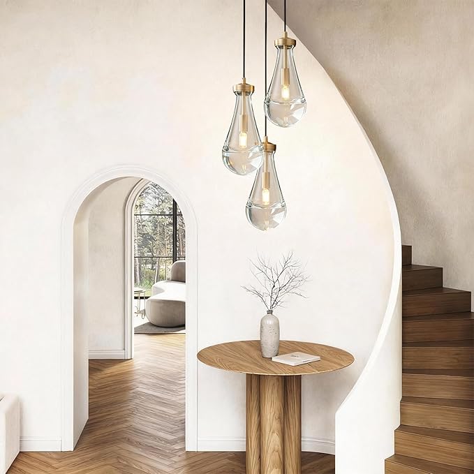Raindrop Pendant Lights Kitchen Island 3-Light Teardrop Pendant Lights Brass Gold Pendant Light With Adjustable Suspension Cord for Dining Room,Bathroom,Bedroom Porch Corridor,Bulb Included