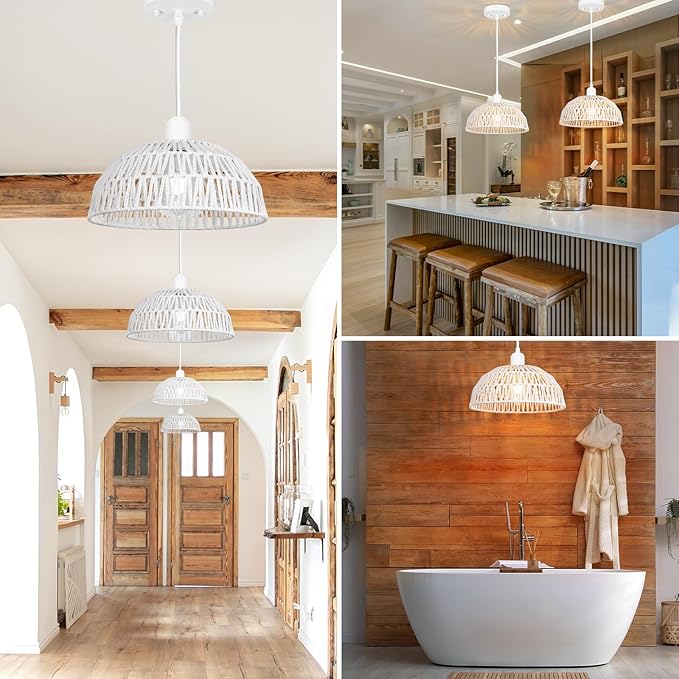 Rattan Pendant Light Fixtures 2 Packs, White Boho Woven Basket Pendant Light, Handmade Wicker Hanging Lamp, Rattan Chandelier for Kitchen Island, Dining Room, Living Room, Bedroom, E26 Base