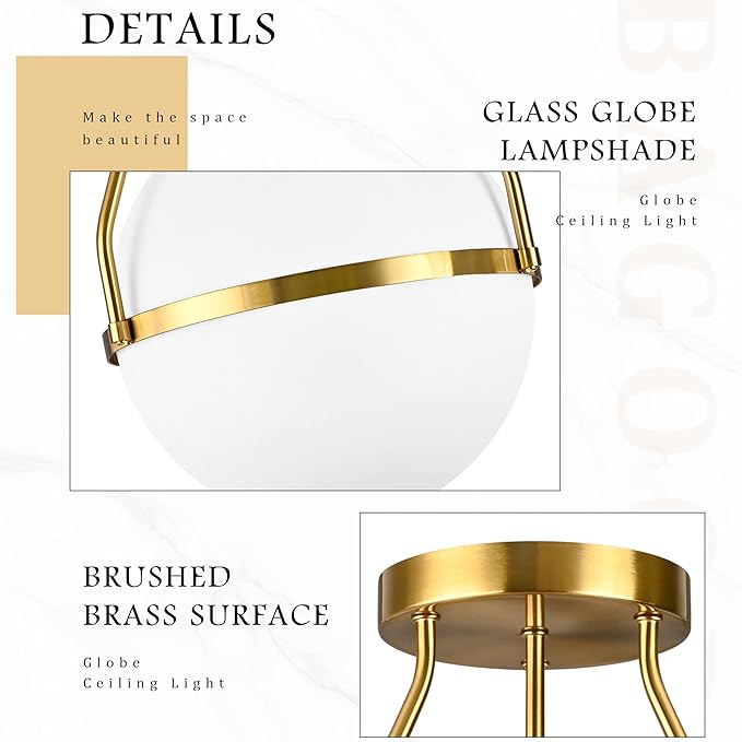 Bagood 10" Modern Semi Flush Mount Ceiling Light Fixture Mid Century Ceiling Light Globe Ceiling Light Fixture with Milk Glass Shade Brass Finish for Kitchen Island Hallway Living Room (Bulb Incl.)