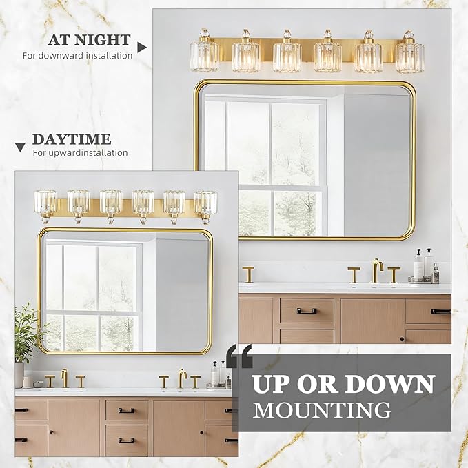 6-Lights Brushed Brass Bathroom Light Fixture Gold Vanity Lights Modern Crystal Bathroom Vanity Lighting Over Mirror Wall Sconce with K9 Crystal Shade E26 Base for Living Room, Bedroom Wall Lamp