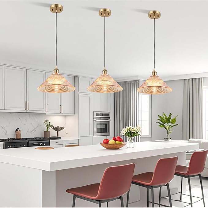 Modern Kitchen Island Pendant Light 11.81 Inches Amber Striped Glass Shades Brushed Brass Gold Large Hanging Lamp Dining Room Farmhouse Adjustable Ceiling Hanging Light Fixture Bedroom Hallway