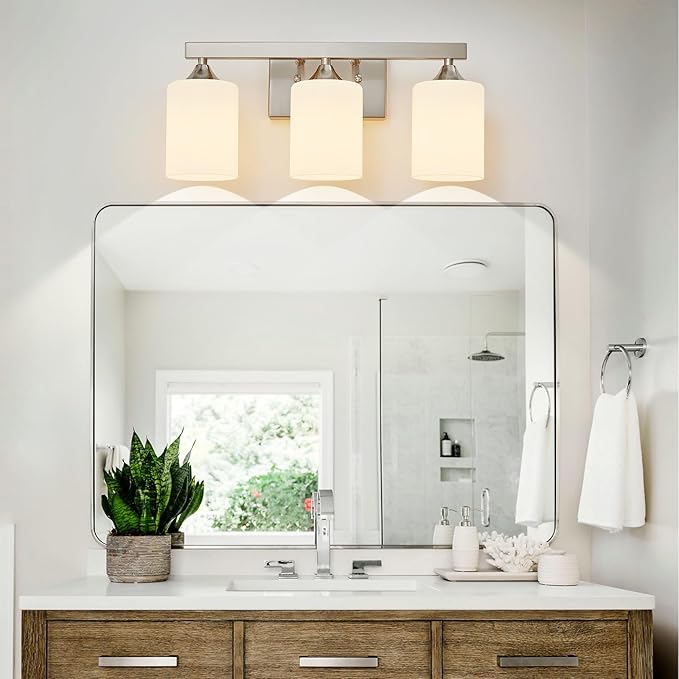 ZHU YAN Brushed Nickel Vanity Light,3 Light Bathroom Lighting Fixtures Over Mirror,Milky White Glass Shades Wall Sconces,Vanity Lights Fixtures for Mirror Bedroom Hallway E26 Socket