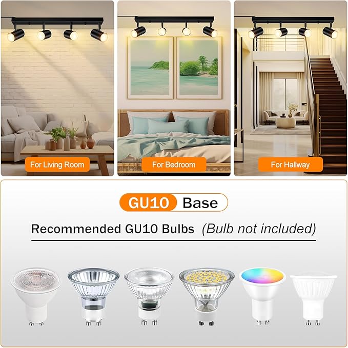 AUQUEE 4 Light Track Lighting Kit,Black 4 Way LED Plug in Ceiling Spotlight,Industrial GU10 Wall Light for Kitchen Cabinet Gallery Bar Hallway Living Room,Rocker Switch,15 Foot Cord(No Bulb)