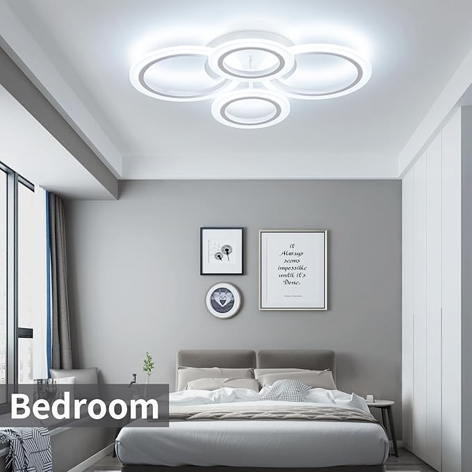 Shine LUEST 34W LED Ceiling Light with Remote, 3000-6000K Dimmable Modern Flush Mount Ceiling Lighting Fixture White 4 Rings Round Chandelier Ceiling Lamp for Small Room, Bedroom
