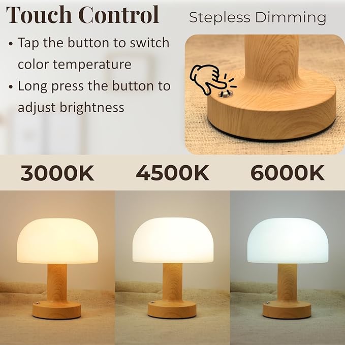 HAPYGI Small Mushroom Table Lamp, Cordless Night Light with 2600mAh Rechargeable Battery, Stepless Dimming Desk Lamp with 3 Colors for Bedroom/Patio/Living Room (Black-1)