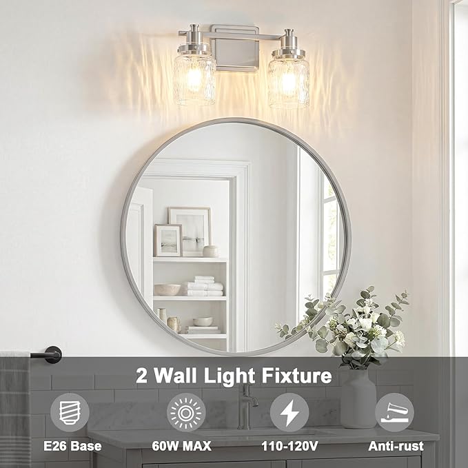 2 Lights Bathroom Light Fixtures Farmhouse Brushed Nickel Vanity Lights for Bathroom Lighting Fixtures Over Mirror with Hammered Glass Lampshade for Cabinet Mirror Bedroom Hallway