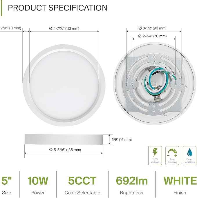 ASD LED 5" Round Flush Mount Ceiling Light Fixture, Low Profile Surface Lighting | 5CCT, Dimmable, Ultra-Thin, ETL Listed | 10W 700LM 2700-6000K 120V | Kitchen, Bedroom, Hallway Lamp | White, 12 Pack