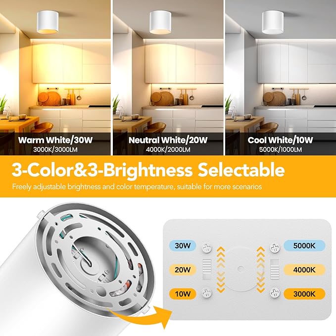 3-Color&Watt Zoomable Ceiling Spotlight Fixtures, Flush Mount Ceiling Light Fixture Dimmable LED Spot Lights Indoor, 4.72" Cylinder Light for Hallway Kitchen Entryway, 30W White 2 Pack