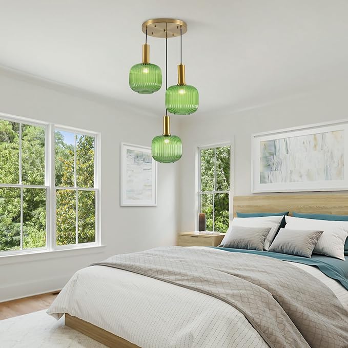 BOKT Green 3-Light Cluster Pendant Lights Mid Century Modern Ceiling Hanging Lighting 7.9" Farmhouse Gold Pendant Lights Kitchen Island with Ribbed Hand Blown Glass for Living Room Dining Room