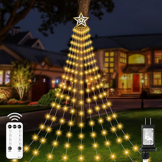 Christmas Decorations Star Lights Outdoor, 11.48ft 350 LED Waterfall Tree Lights with 8 Modes Timer Remote Plug in Christmas Lights for Indoor Yard Patio Home Holiday Party Decor, Warm White