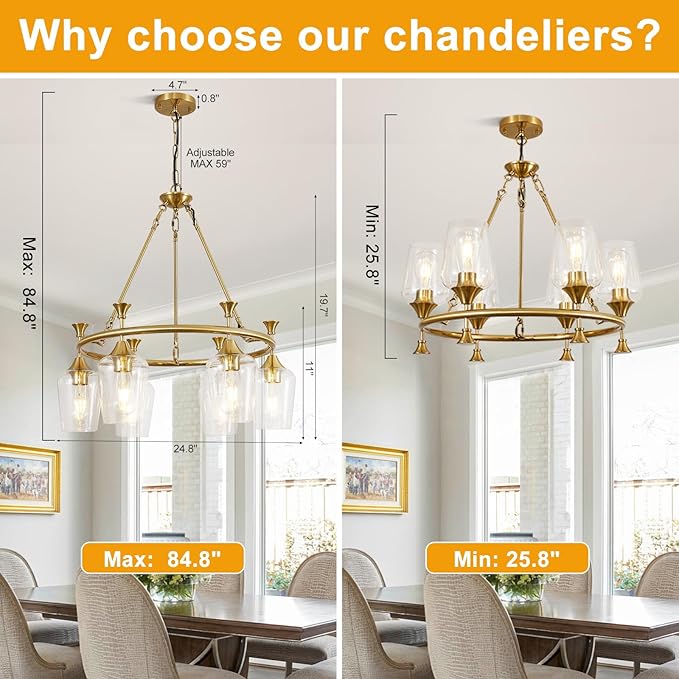 25" Gold Chandelier, 6-Light Farmhouse Chandeliers for Dining Room Light Fixtures Over Table, Modern Industrial Hanging Lighting with Clear Glass Shade for Living Room Bedroom Foyer Kitchen Island
