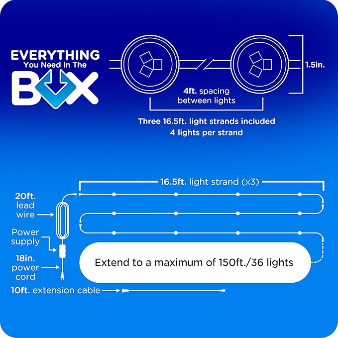 Enbrighten Vibe Eternity Accent Permanent Outdoor Lights for House, 50ft, 12 RGBWIC LEDs, Wide Spacing, 94lm, Tunable White, Everyday Eave Lighting, Smart App, Works with Alexa, Google Home, 85709