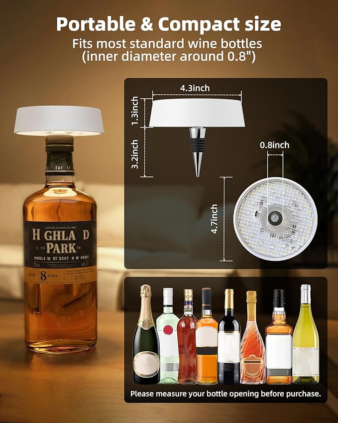 Wireless Bottle Lamp Shade, Rechargeable Wine Bottle Lights for Liquor Bottles, RGB, Touch Control 3 Color Temperatures, Dimmable, Outdoor Waterproof, Restaurant & Home Bar Décor, Gift, White 1Pc