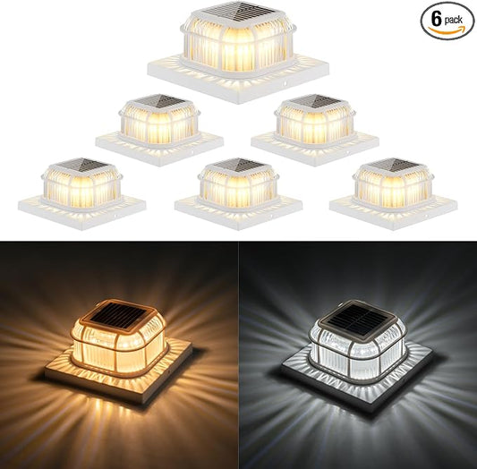 Solar Post Light 6 Packs with 4x4, 5x5 and 6x6 Inches Base for Vinyl/Wooden Posts, Bright 16 LEDs Solar Cap Lights with Two Light Modes for Decorating Deck, Patio, Porch, Fence (White)