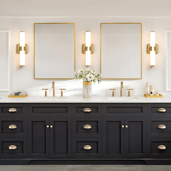 AIJIASI Gold Bathroom Light Fixtures - 16 Inch Modern Vanity Light 15W 5CCT Dimmable LED Bathroom Sconce with Acrylic Shade, Indoor Vanity Lighting Fixtures Over Mirror