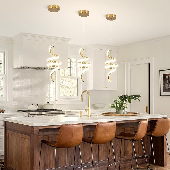 4000K Modern Pendant Light, 15IN Spiral LED Pendant Lights Adjustable Height Black Kitchen Island Fixtures Chandeliers for Dining Room Hanging Lights, 1 Pack (Gold,4000K, Hardwired,2PACKS)