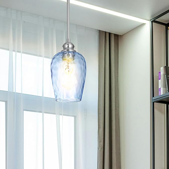 Glass Pendant Lights Kitchen Island, Blue Pendant Light Fixtures with Hand-Blown Clear Glass, Modern Hanging Light for Kitchen Sink Dining Room Bedroom, E26 (Blue, 2pack)