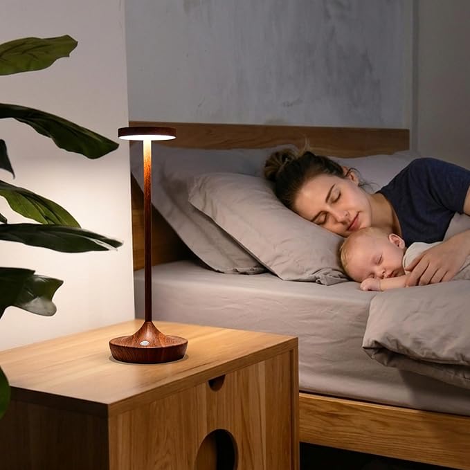 Rechargeable Cordless Table Lamp, 6000mAh Battery Powered LED Desk Lamp, Portable Metal Touch Lamp with 3-Level Dimming, Waterproof Outdoor Light for Patio, Restaurant, Dining (2 Woodgrain)