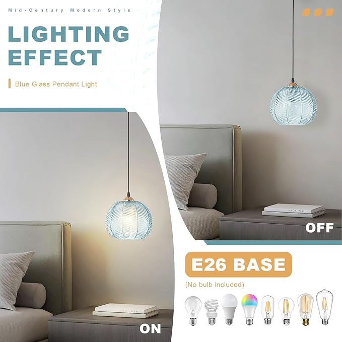 Modern Pendant Light for Bathroom, 8.6-inch Blue Hand Blown Ribbed Glass Hanging Pendant Light Fixture, Farmhouse Adjustable Hanging Lighting for Kitchen Island Dining Room Bedroom