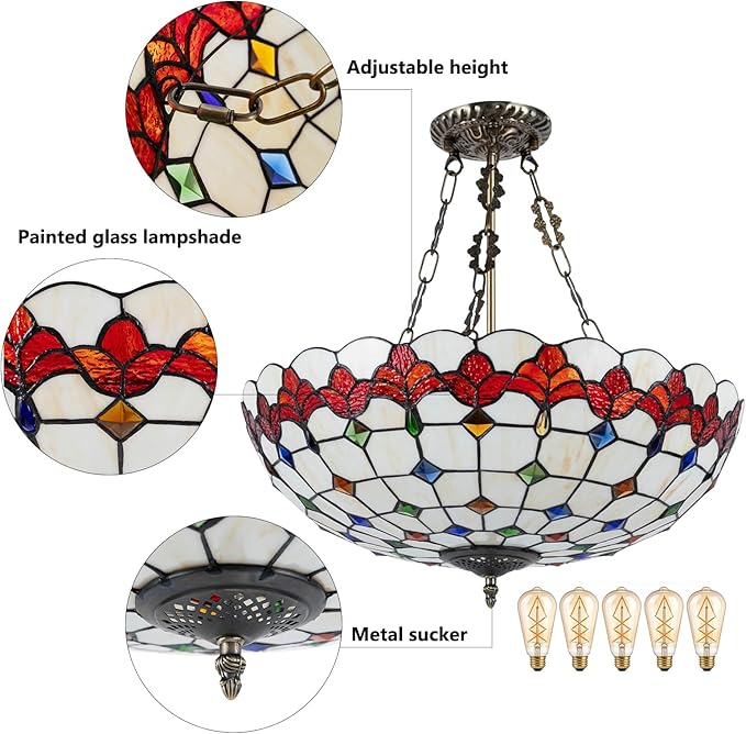 Vintage Pendant Light Fixtures, 20 Inch Stained Glass Hanging Lamp 100-240V Antique Style Ceiling Mount Fixture for Dining Room Living Room Kitchen Entryway-E26