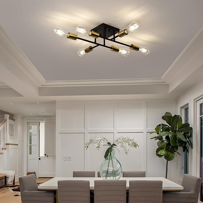 6-Lights Semi Flush Mount Ceiling Light Fixture, Matte Black and Golden, Modern Sputnik Close to Ceiling Light with E26 Base, Chandelier Light for Bedroom Kitchen Living Room Dining Room