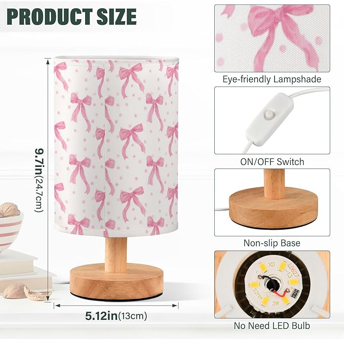 Aslsiy Coquette Ribbon on White Bedside Table Lamp Lovely Bow Nightstand Lamp Night Light Fabric Shade for Bedroom Living Room Home Office