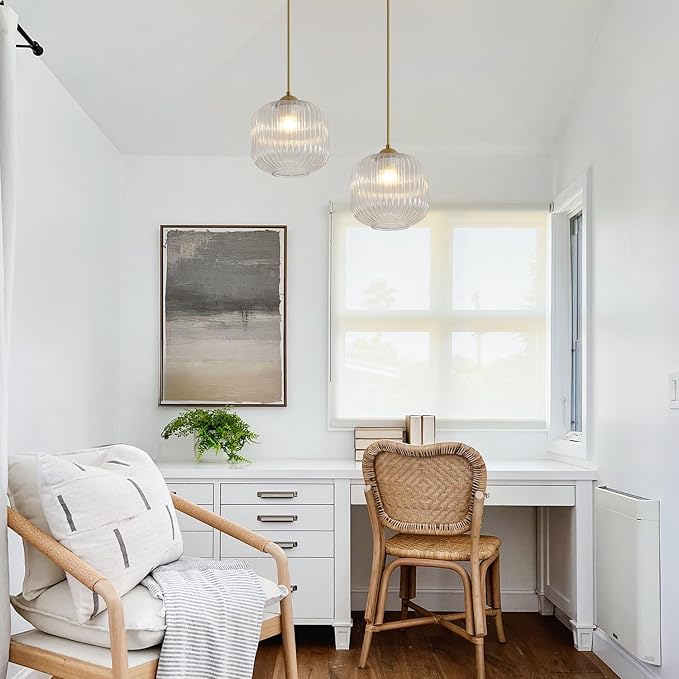 Modern Gold 1 Light Hanging Indoor Kitchen Island Pendant Light Large Single Brushed Brass Hanging Light Fixture Mid Century Clear Glass Globe Pendant Lighting for Dining Room Bedroom MPL30-C
