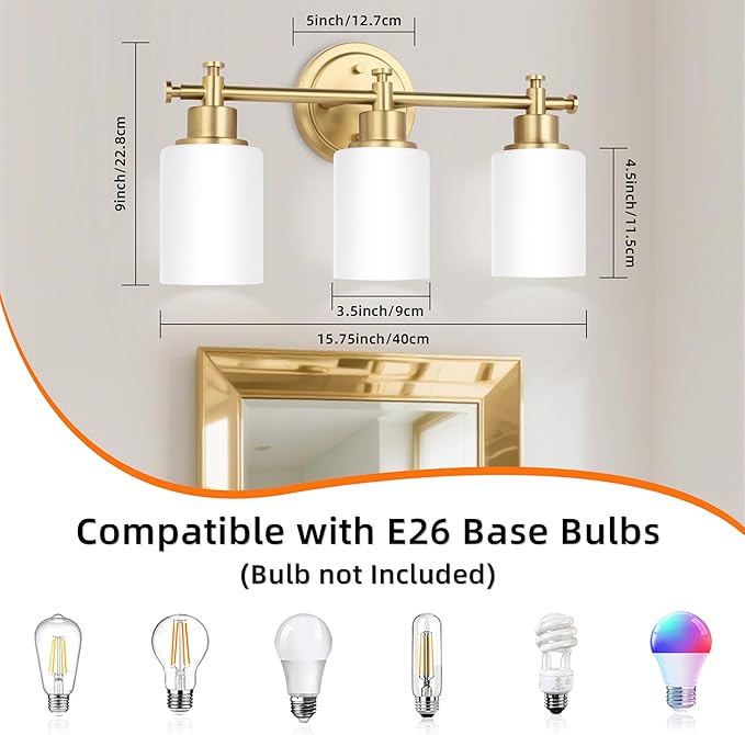 3-Light Gold Bathroom Vanity Light Fixtures, Brushed Gold Wall Sconce, Champagne Gold Vanity Light with Milky White Glass Shade Over Mirror, Bathroom, Bedroom, Modern Style, E26 Base
