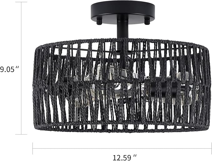 3-Light Coastal Black Woven Flush Mount Light Fixture Rustic Industrial Hemp Rope Flush Mount Ceiling Light for Hallway Bedroom Kitchen Entryway Farmhouse Living Room, Black