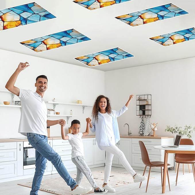 QOUBAI 6 Pcs Fluorescent Light Covers,4 x 2 Ft Magnetic Light Filters Colorful Art Fluorescent Lights Shade Easy Install for Classroom Office Library Hospital Home Ceiling Blue Glass