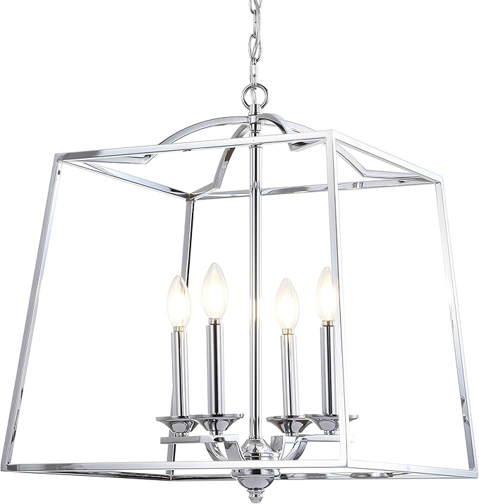 JONATHAN Y 19" Chrome 4-Light Metal Lantern Pendant Light, Adjustable LED Hanging Ceiling Fixture for Kitchen Island, Foyer, Entryway and Dining Room, ETL Listed (JYL7411A)