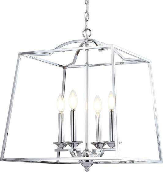 JONATHAN Y 19" Chrome 4-Light Metal Lantern Pendant Light, Adjustable LED Hanging Ceiling Fixture for Kitchen Island, Foyer, Entryway and Dining Room, ETL Listed (JYL7411A)