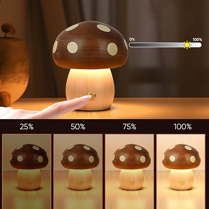 Wooden Mushroom Lamp - Rechargeable Touch Mushroom Light, Aesthetic Bedside Night Light Nature Decor Creative Gifts (Ebony + Beech)