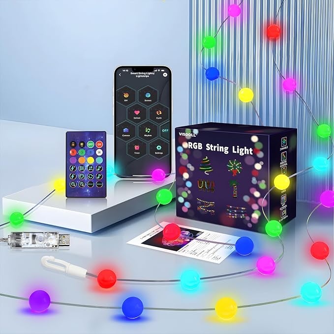 Christmas String Lights Indoor 16.4FT 33LEDs, Smart RGB Fairy Twinkle Christmas Lights with Music Sync, RF Remote, APP Control, Multicolor, USB Powered for Party Garden Bedroom Decor