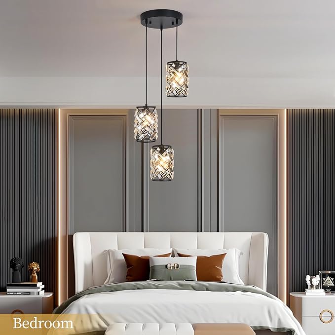 Black Crystal Pendant Lights Kitchen island, Adjustable Hanging Chandelier with Ambient Lighting, 51 Inch Chain, E12 Base, Plated Modern Farmhouse Fixture for Dining Room, Bedroom, Living Room