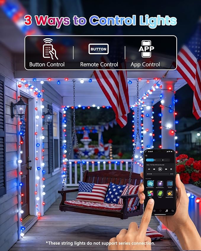 2Pack 400LED Smart 4th of July String Lights | 164FT App Controlled Red White and Blue Lights, Waterproof Patriotic RGB Color Changing String Lights with Remote & Timer Indoor Outdoor for Memory Day