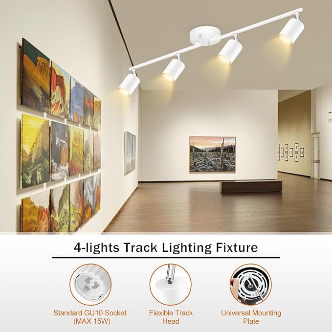 White Track Lighting Ceiling Fixture, Kitchen Light Fixtures, 30" 4-Light Rotatable LED Track Lights, Semi Flush Wall Sconces Lighting for Dining Room/Hallway/Office(GU10 Socket, Bulb Not Included)